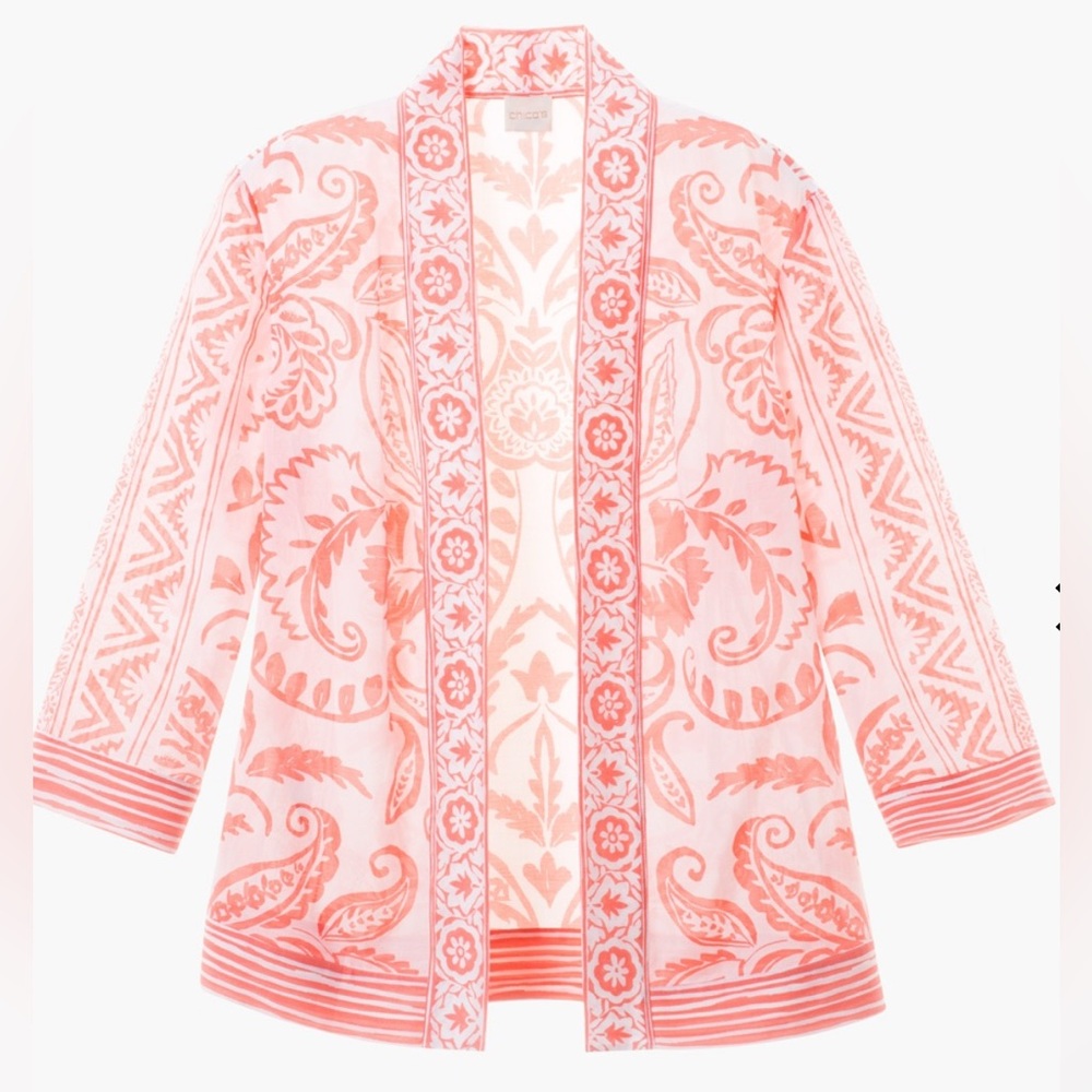 Chico’s white/coral/pink light cotton/silk border print kimono jacket. Size M